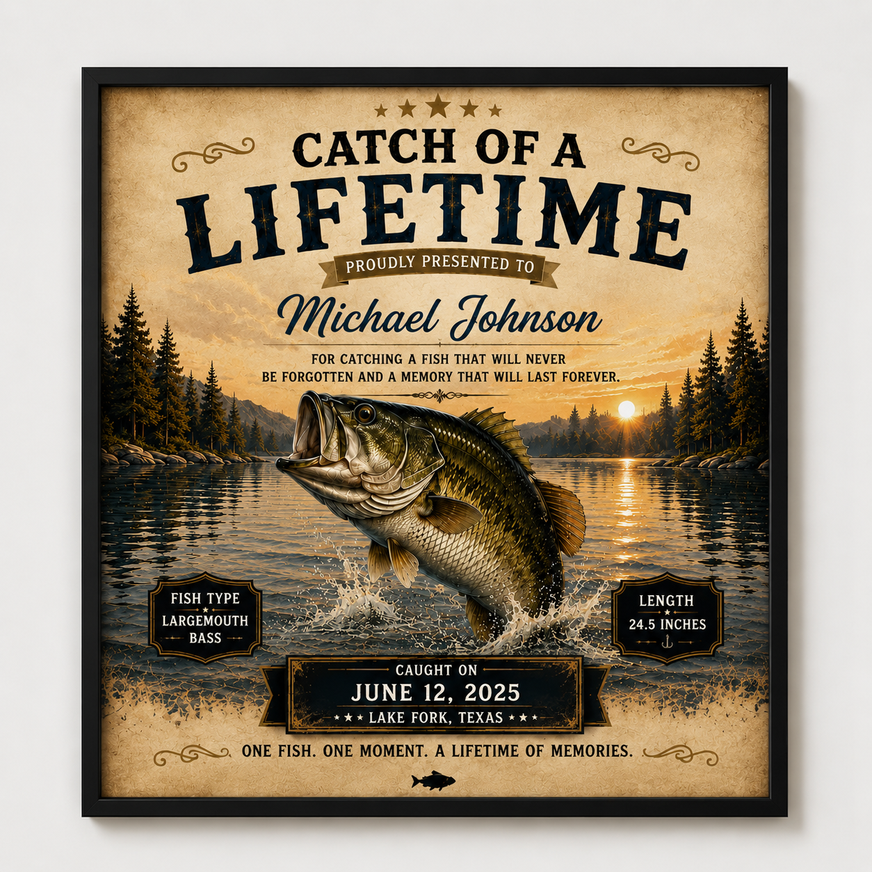 YourCover | Personalized Portrait Fishing Gift Print | Custom Catch of a Lifetime Wall Art with Name, Fish Type, Length, Date &amp; Location | Natural Wood, Black &amp; White Frame
