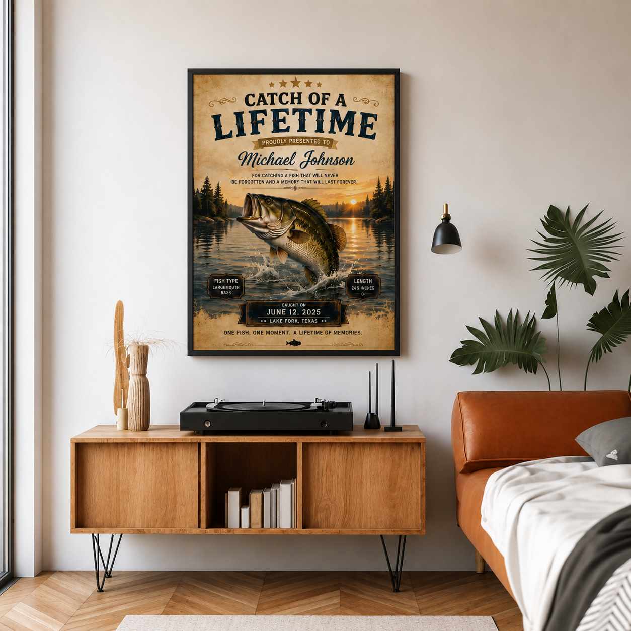 YourCover | Personalized Portrait Fishing Gift Print | Custom Catch of a Lifetime Wall Art with Name, Fish Type, Length, Date &amp; Location | Natural Wood, Black &amp; White Frame
