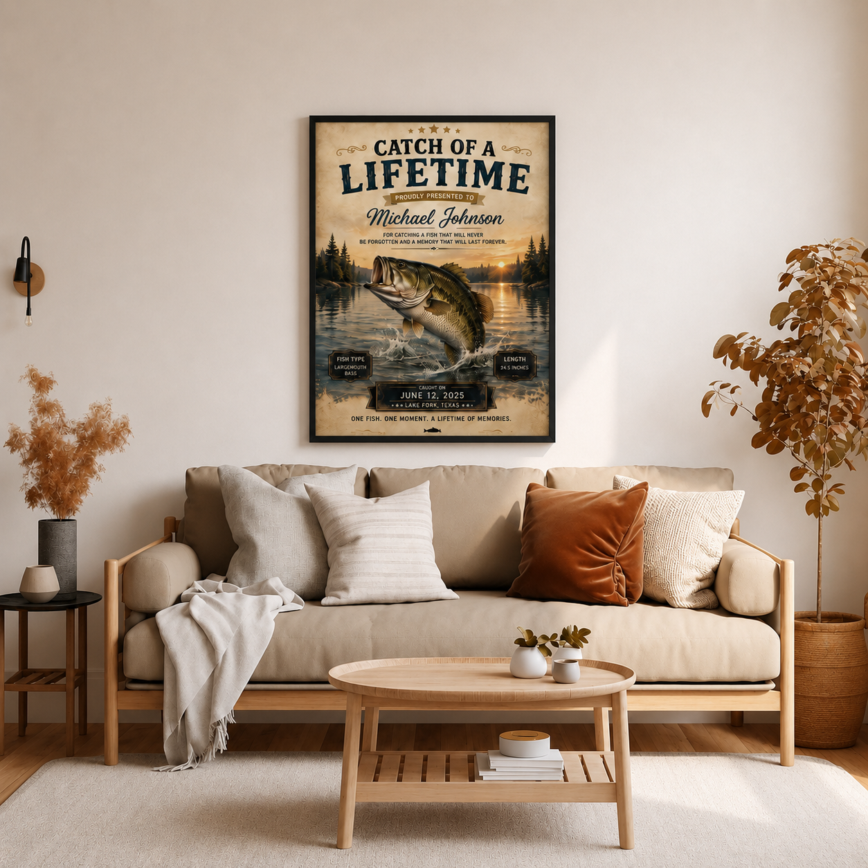 YourCover | Personalized Portrait Fishing Gift Print | Custom Catch of a Lifetime Wall Art with Name, Fish Type, Length, Date &amp; Location | Natural Wood, Black &amp; White Frame