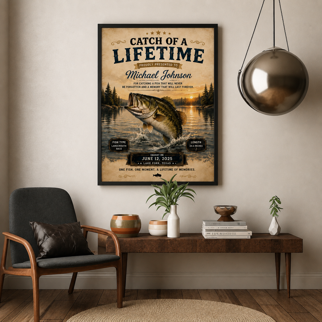 YourCover | Personalized Portrait Fishing Gift Print | Custom Catch of a Lifetime Wall Art with Name, Fish Type, Length, Date &amp; Location | Natural Wood, Black &amp; White Frame
