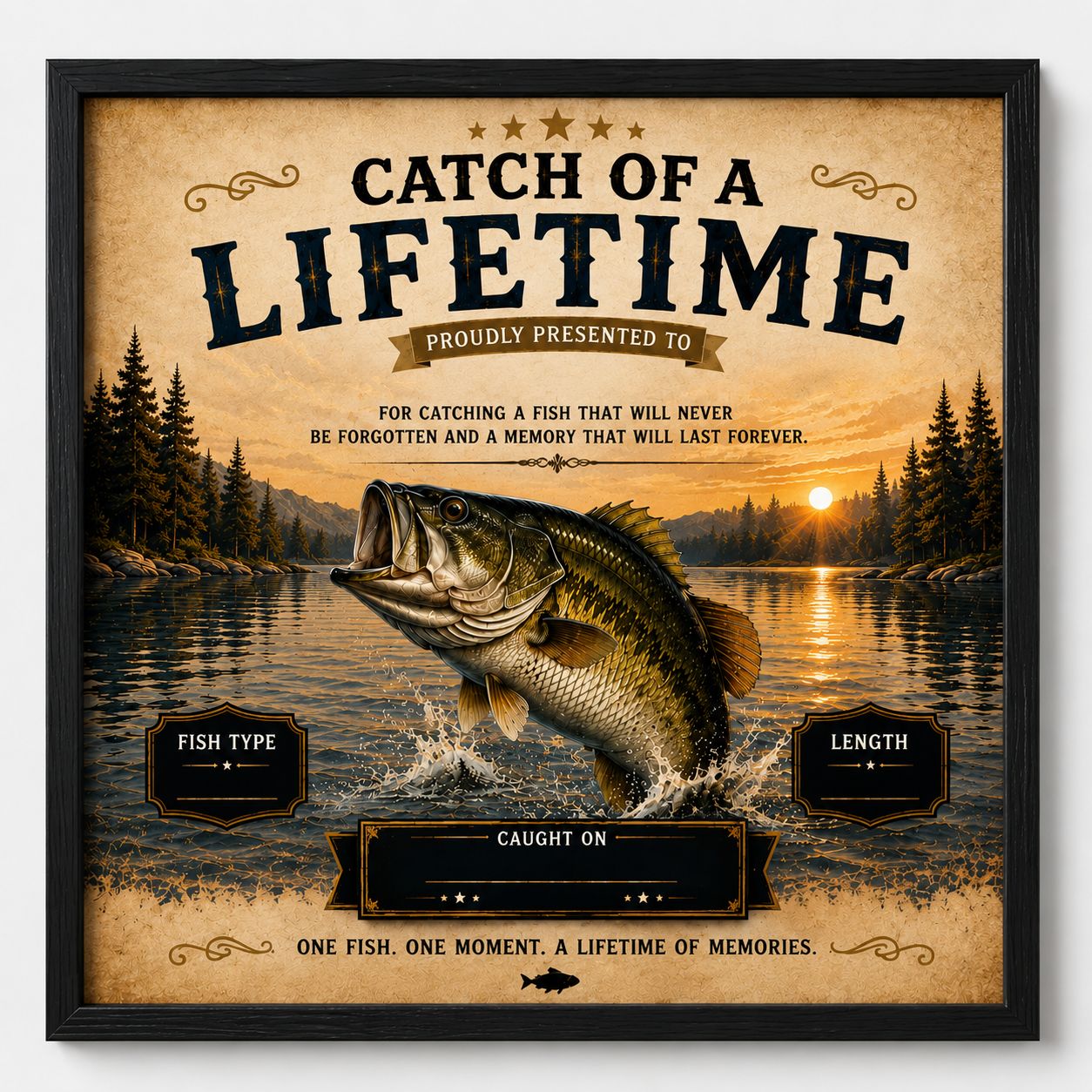 YourCover | Personalized Portrait Fishing Gift Print | Custom Catch of a Lifetime Wall Art with Name, Fish Type, Length, Date &amp; Location | Natural Wood, Black &amp; White Frame