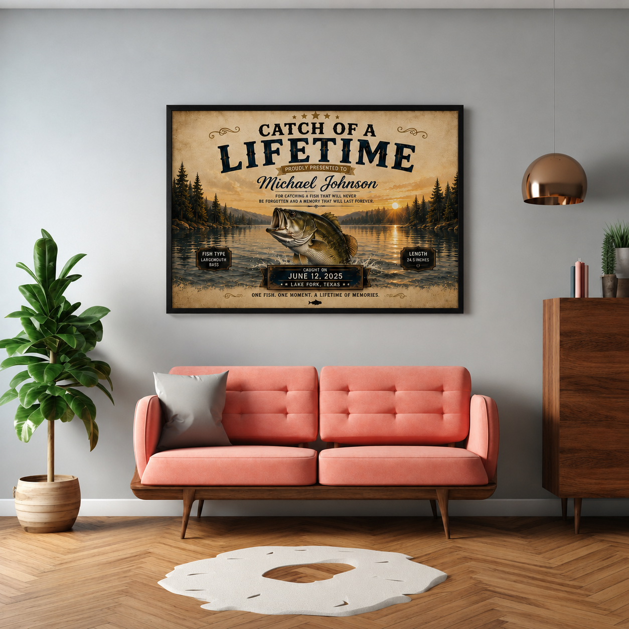 YourCover | Personalized Landscape Fishing Gift Print | Custom Catch of a Lifetime Wall Art with Name, Fish Type, Length, Date & Location | Natural Wood, Black & White Frame
