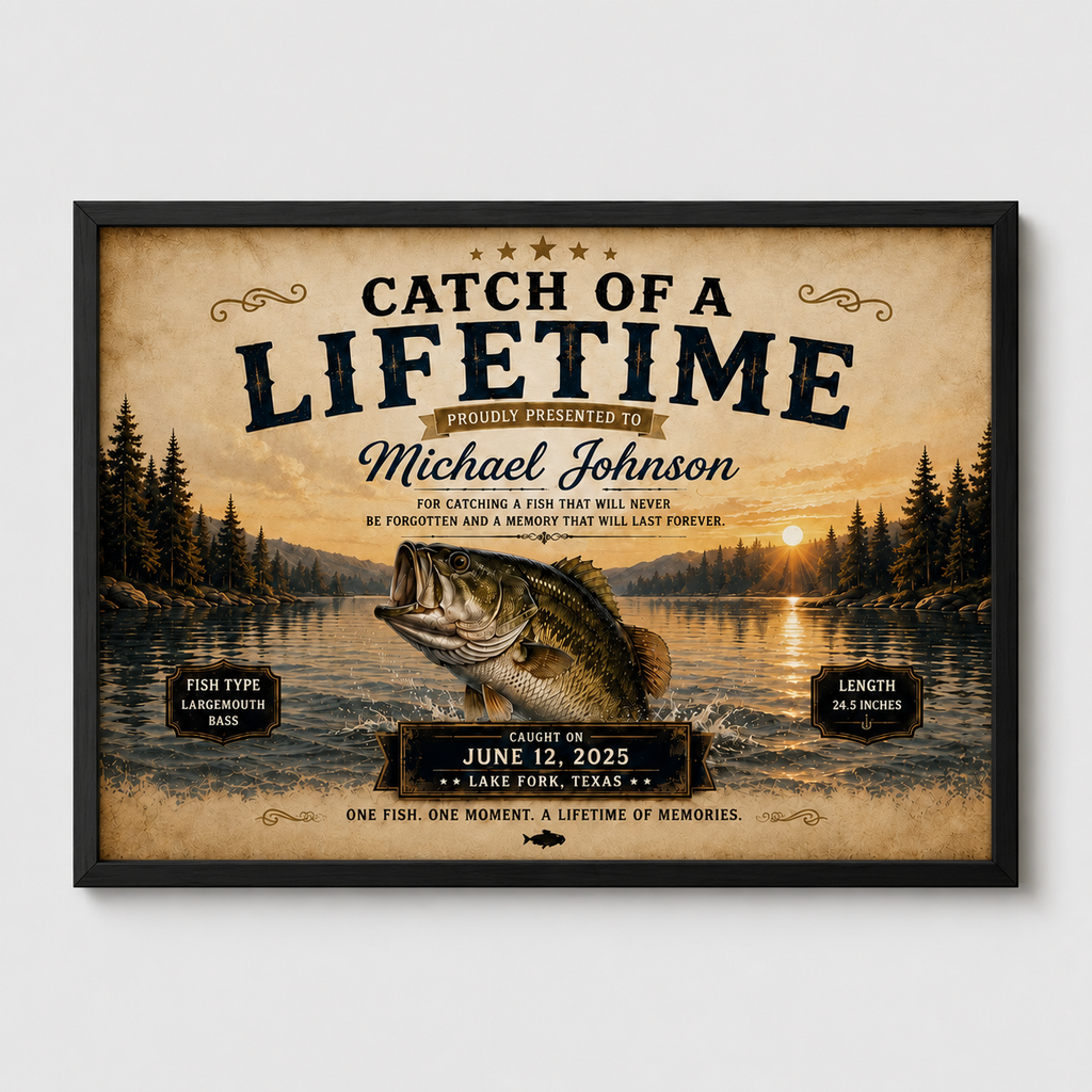 YourCover | Personalized Landscape Fishing Gift Print | Custom Catch of a Lifetime Wall Art with Name, Fish Type, Length, Date & Location | Natural Wood, Black & White Frame