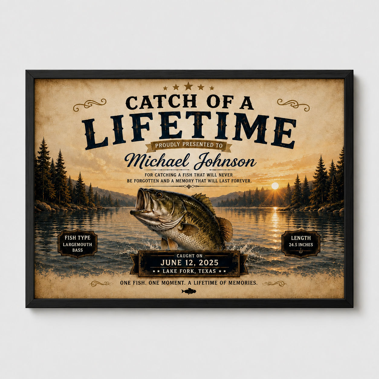 YourCover | Personalized Landscape Fishing Gift Print | Custom Catch of a Lifetime Wall Art with Name, Fish Type, Length, Date & Location | Natural Wood, Black & White Frame