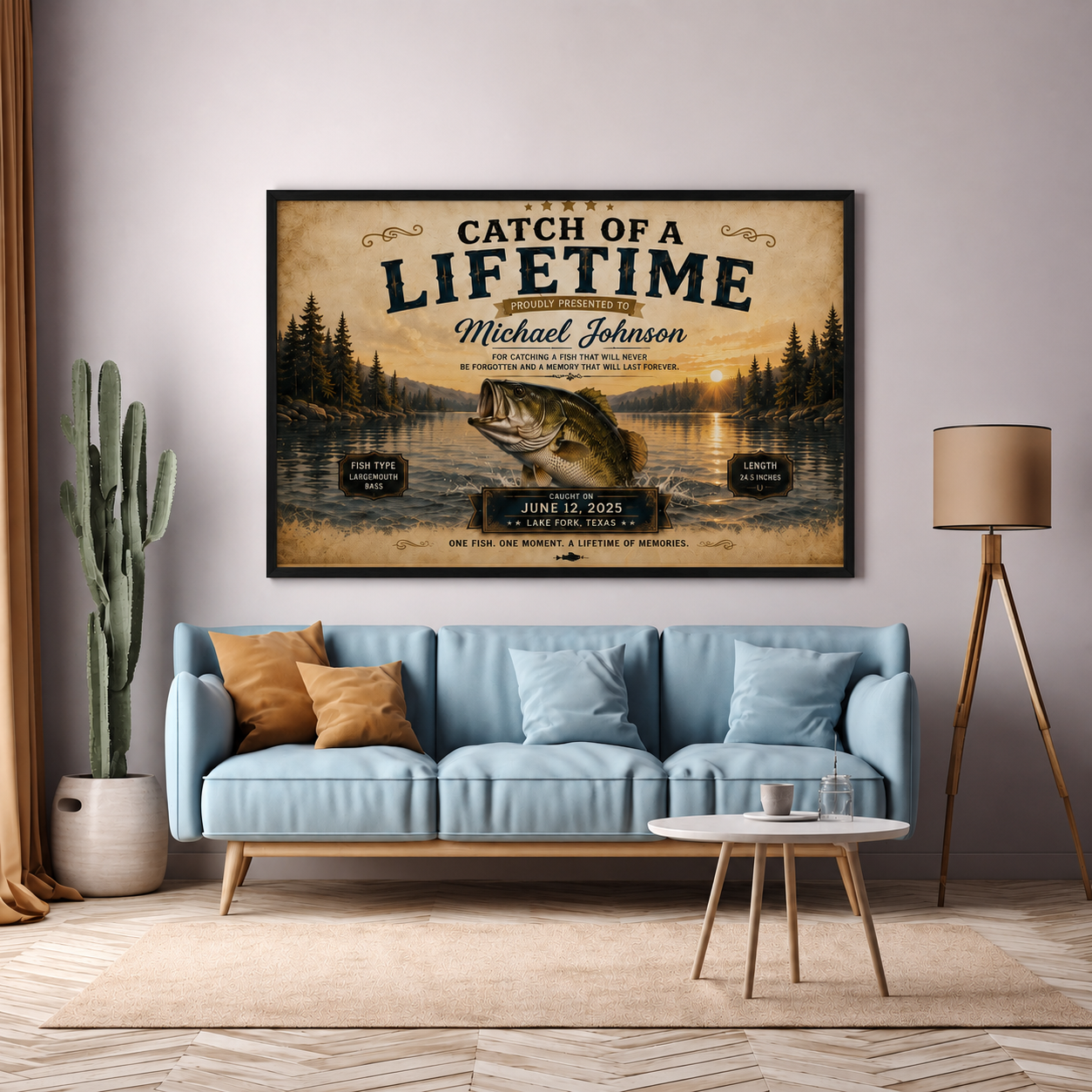 YourCover | Personalized Landscape Fishing Gift Print | Custom Catch of a Lifetime Wall Art with Name, Fish Type, Length, Date & Location | Natural Wood, Black & White Frame