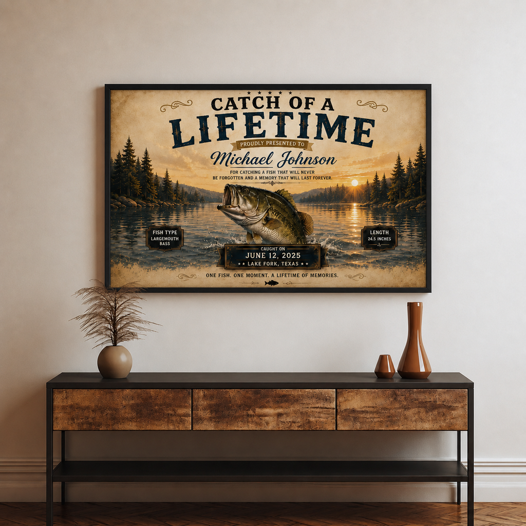 YourCover | Personalized Landscape Fishing Gift Print | Custom Catch of a Lifetime Wall Art with Name, Fish Type, Length, Date & Location | Natural Wood, Black & White Frame