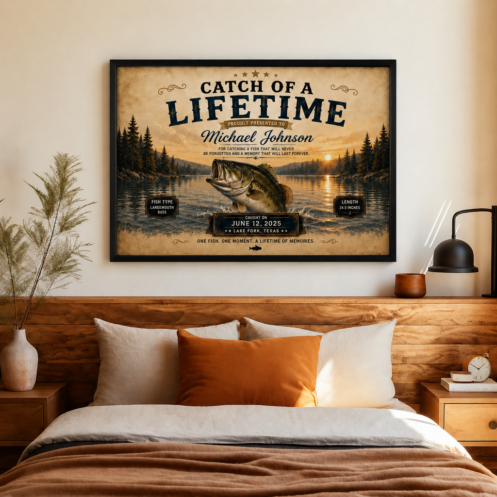 YourCover | Personalized Landscape Fishing Gift Print | Custom Catch of a Lifetime Wall Art with Name, Fish Type, Length, Date & Location | Natural Wood, Black & White Frame