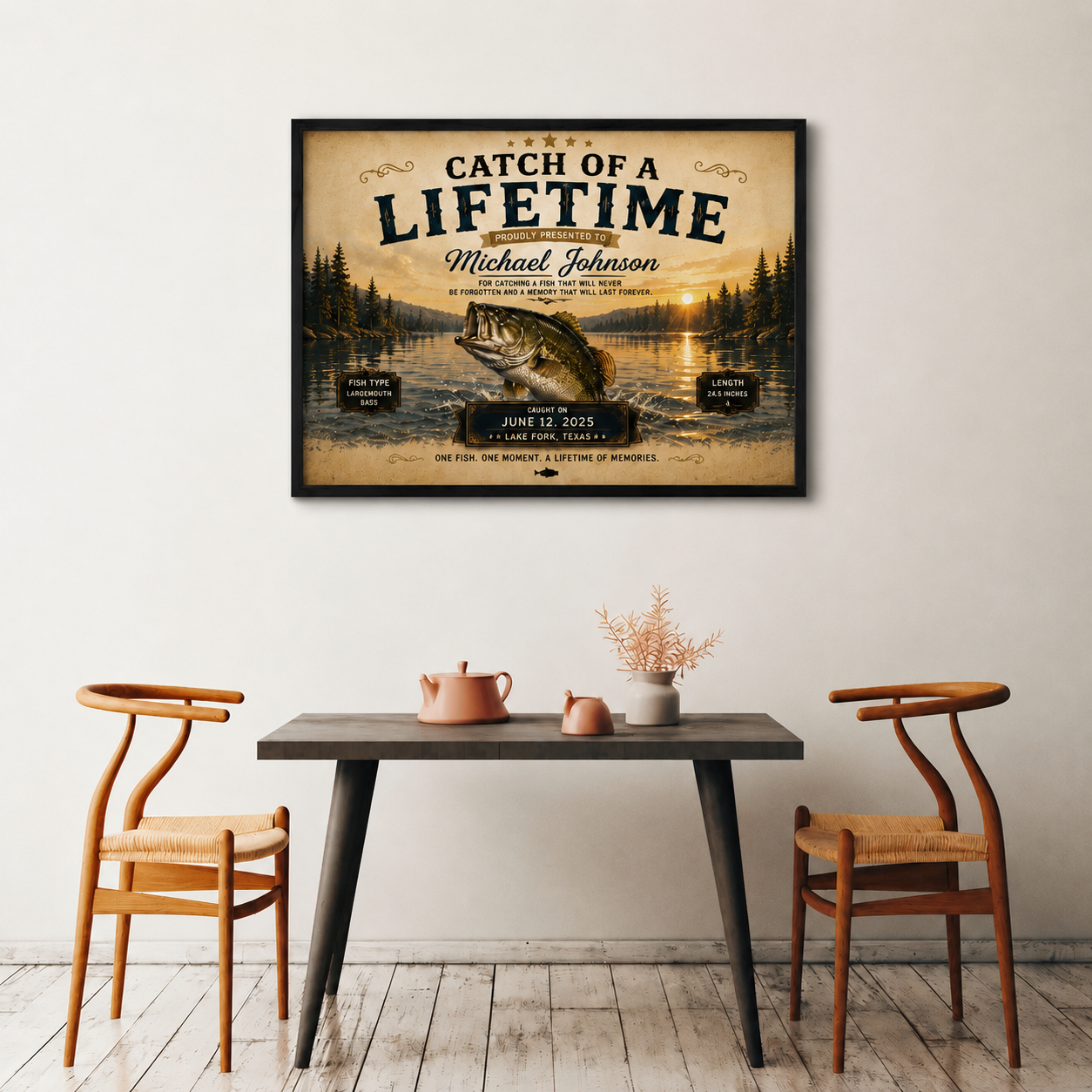 YourCover | Personalized Landscape Fishing Gift Print | Custom Catch of a Lifetime Wall Art with Name, Fish Type, Length, Date & Location | Natural Wood, Black & White Frame