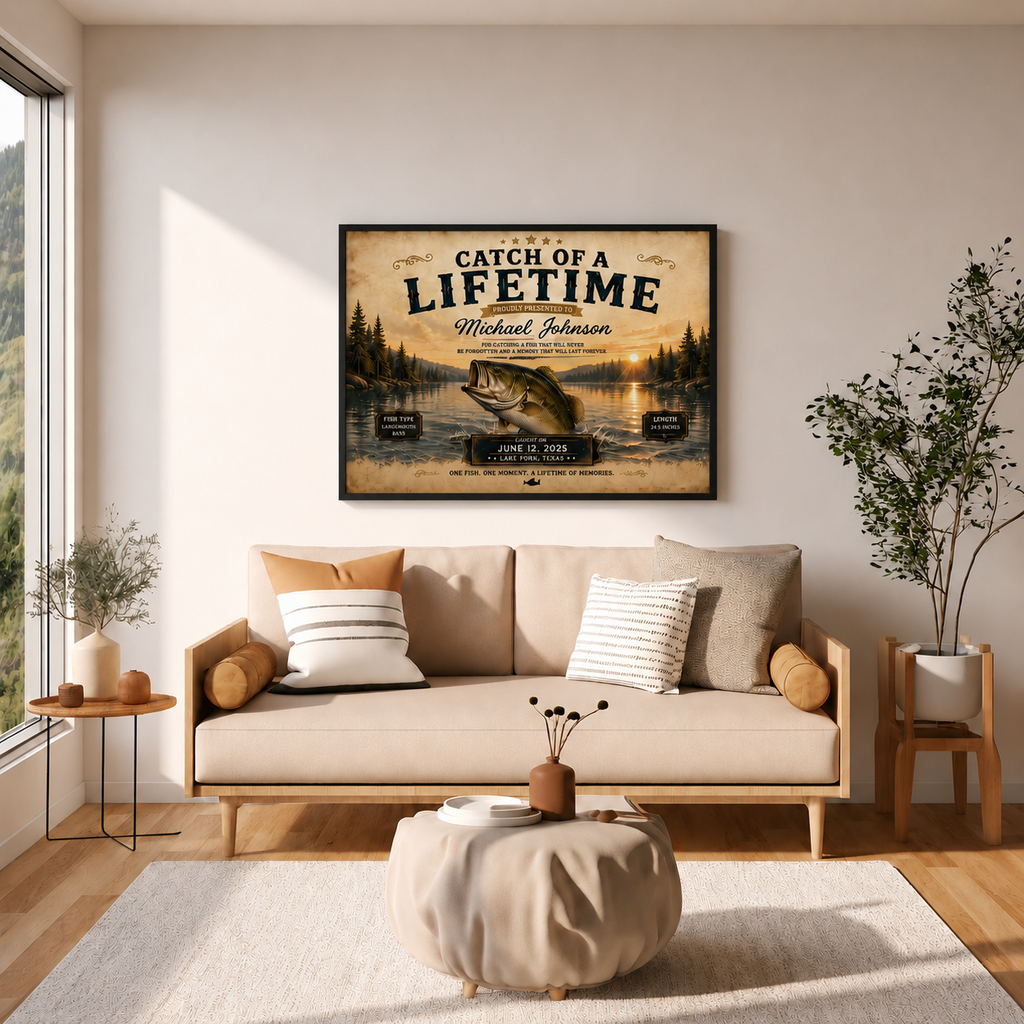 YourCover | Personalized Landscape Fishing Gift Print | Custom Catch of a Lifetime Wall Art with Name, Fish Type, Length, Date & Location | Natural Wood, Black & White Frame