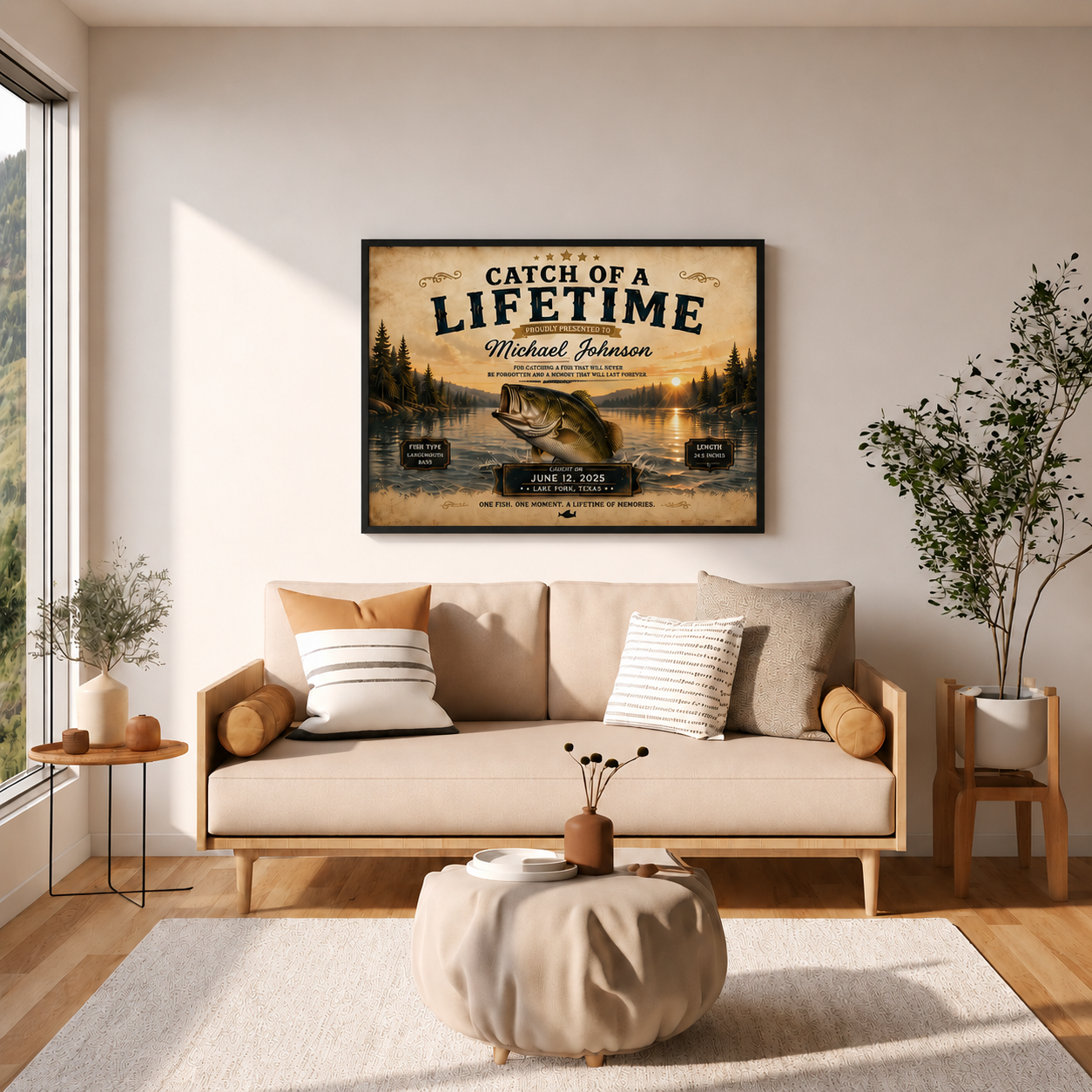 YourCover | Personalized Landscape Fishing Gift Print | Custom Catch of a Lifetime Wall Art with Name, Fish Type, Length, Date & Location | Natural Wood, Black & White Frame