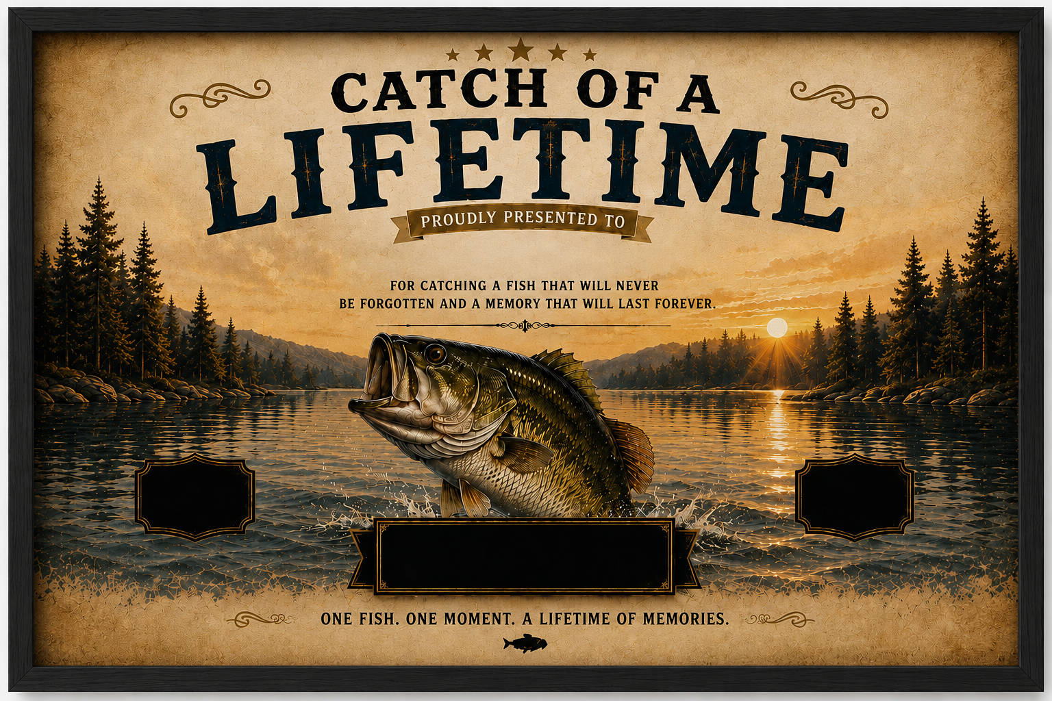 YourCover | Personalized Landscape Fishing Gift Print | Custom Catch of a Lifetime Wall Art with Name, Fish Type, Length, Date & Location | Natural Wood, Black & White Frame