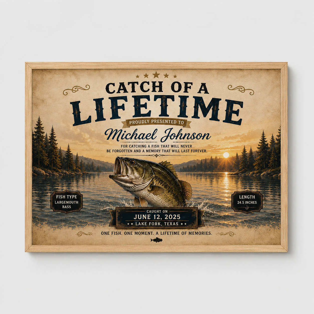 YourCover | Personalized Landscape Fishing Gift Print | Custom Catch of a Lifetime Wall Art with Name, Fish Type, Length, Date & Location | Natural Wood, Black & White Frame