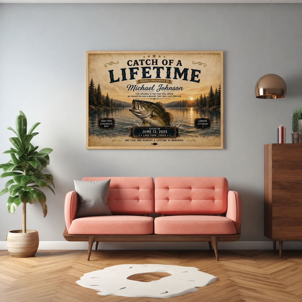 YourCover | Personalized Landscape Fishing Gift Print | Custom Catch of a Lifetime Wall Art with Name, Fish Type, Length, Date & Location | Natural Wood, Black & White Frame