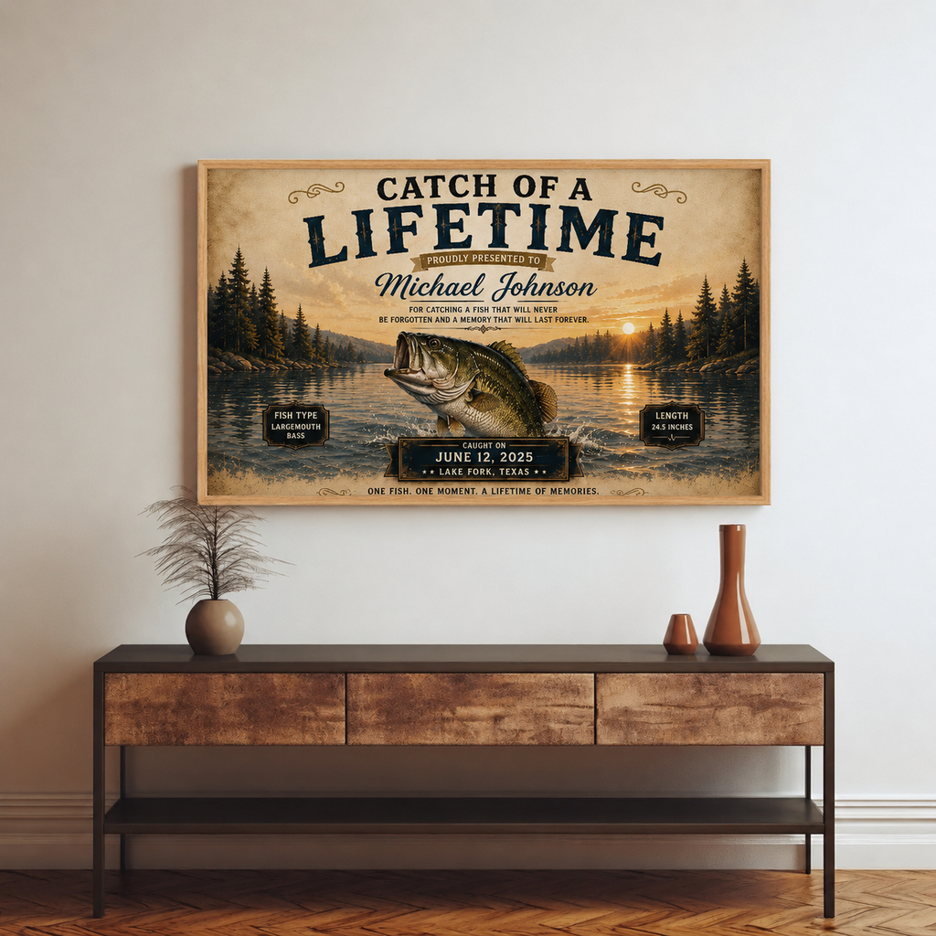 YourCover | Personalized Landscape Fishing Gift Print | Custom Catch of a Lifetime Wall Art with Name, Fish Type, Length, Date & Location | Natural Wood, Black & White Frame