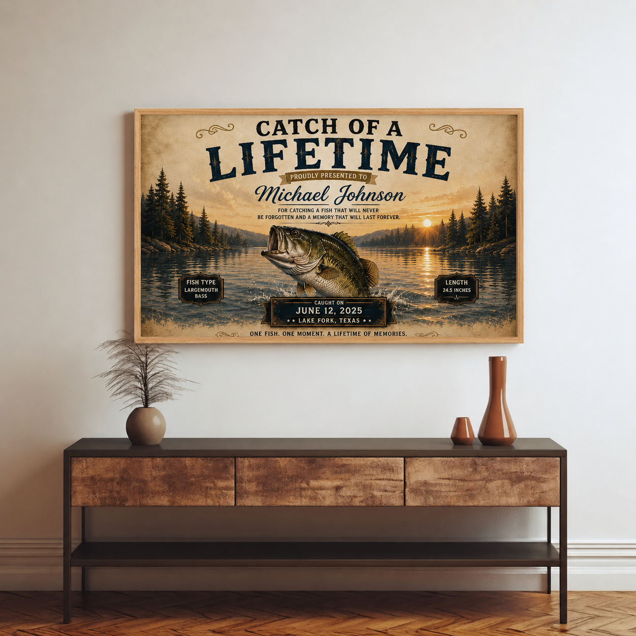 YourCover | Personalized Landscape Fishing Gift Print | Custom Catch of a Lifetime Wall Art with Name, Fish Type, Length, Date & Location | Natural Wood, Black & White Frame
