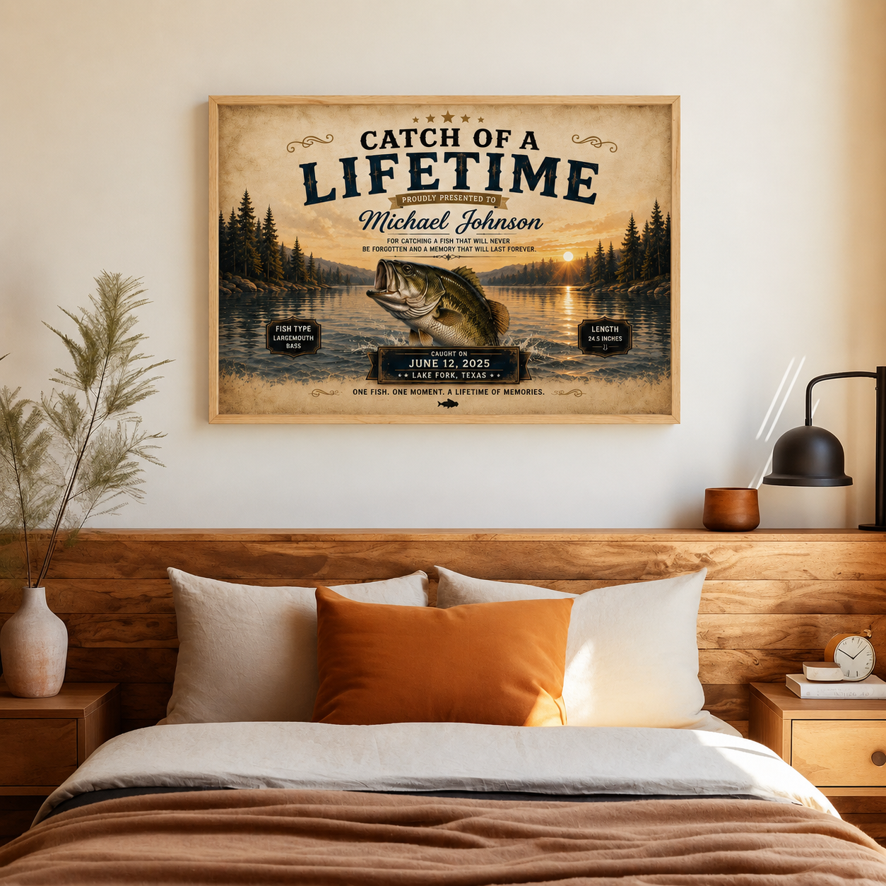 YourCover | Personalized Landscape Fishing Gift Print | Custom Catch of a Lifetime Wall Art with Name, Fish Type, Length, Date & Location | Natural Wood, Black & White Frame