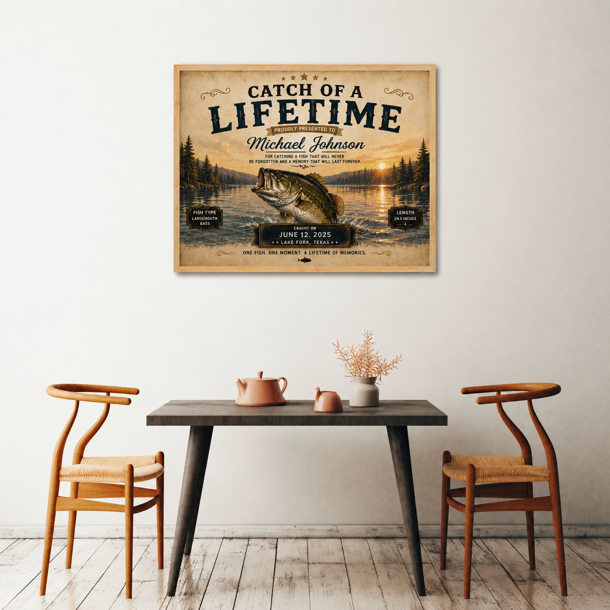 YourCover | Personalized Landscape Fishing Gift Print | Custom Catch of a Lifetime Wall Art with Name, Fish Type, Length, Date & Location | Natural Wood, Black & White Frame