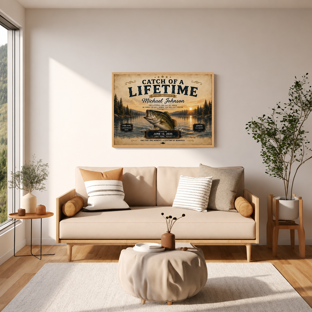 YourCover | Personalized Landscape Fishing Gift Print | Custom Catch of a Lifetime Wall Art with Name, Fish Type, Length, Date & Location | Natural Wood, Black & White Frame