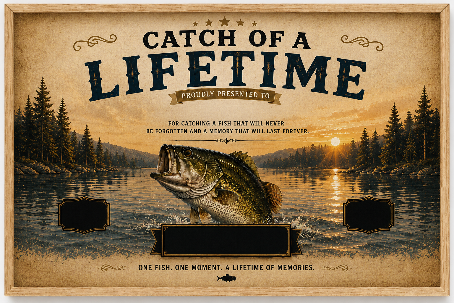 YourCover | Personalized Landscape Fishing Gift Print | Custom Catch of a Lifetime Wall Art with Name, Fish Type, Length, Date & Location | Natural Wood, Black & White Frame