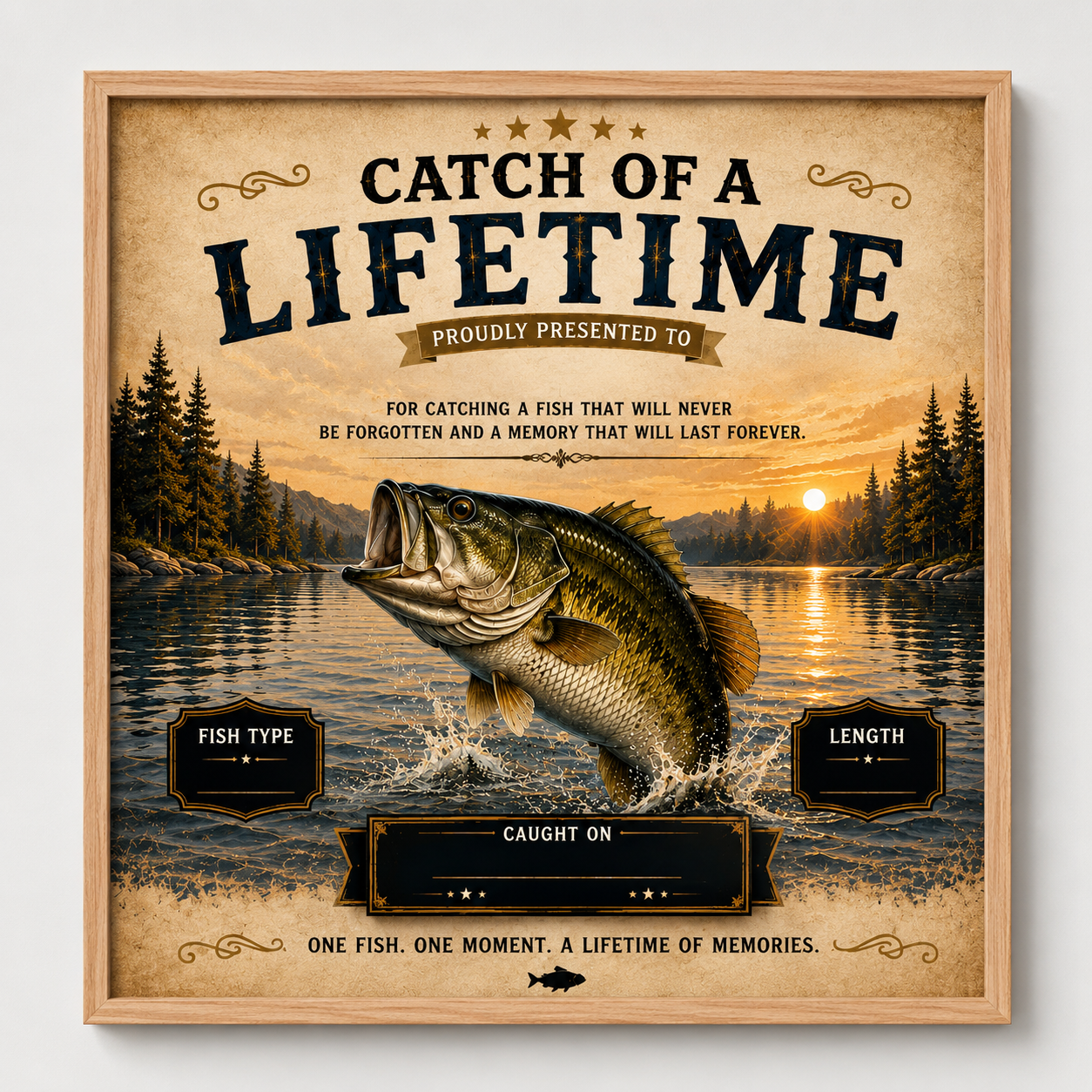 YourCover | Personalized Portrait Fishing Gift Print | Custom Catch of a Lifetime Wall Art with Name, Fish Type, Length, Date &amp; Location | Natural Wood, Black &amp; White Frame