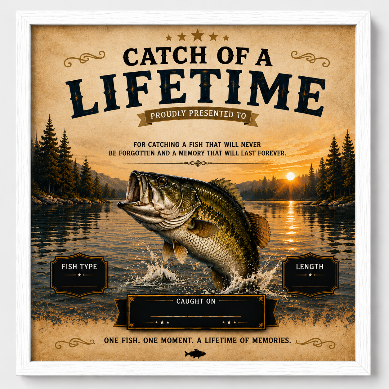 YourCover | Personalized Portrait Fishing Gift Print | Custom Catch of a Lifetime Wall Art with Name, Fish Type, Length, Date &amp; Location | Natural Wood, Black &amp; White Frame