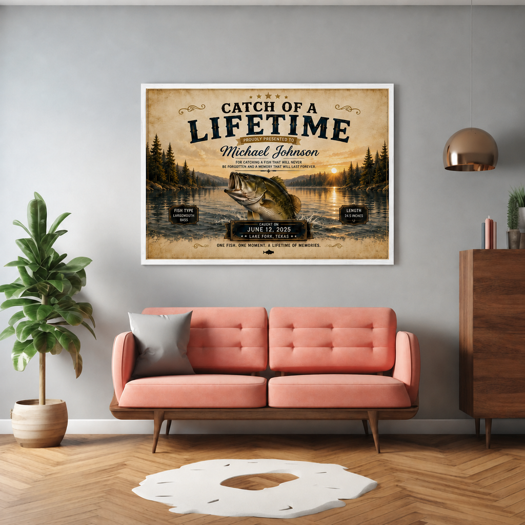 YourCover | Personalized Landscape Fishing Gift Print | Custom Catch of a Lifetime Wall Art with Name, Fish Type, Length, Date & Location | Natural Wood, Black & White Frame