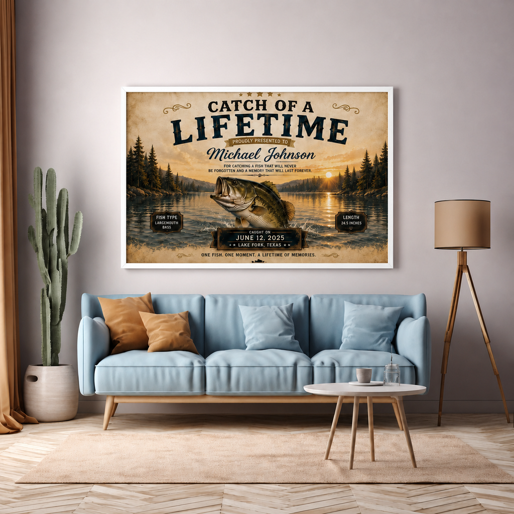 YourCover | Personalized Landscape Fishing Gift Print | Custom Catch of a Lifetime Wall Art with Name, Fish Type, Length, Date & Location | Natural Wood, Black & White Frame