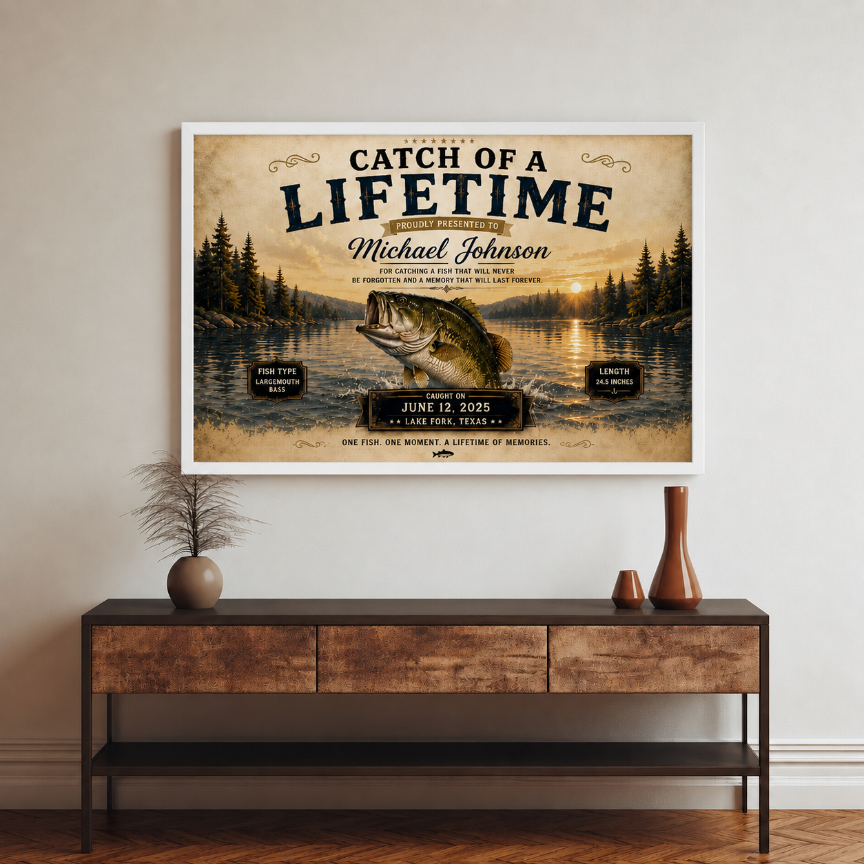 YourCover | Personalized Landscape Fishing Gift Print | Custom Catch of a Lifetime Wall Art with Name, Fish Type, Length, Date & Location | Natural Wood, Black & White Frame