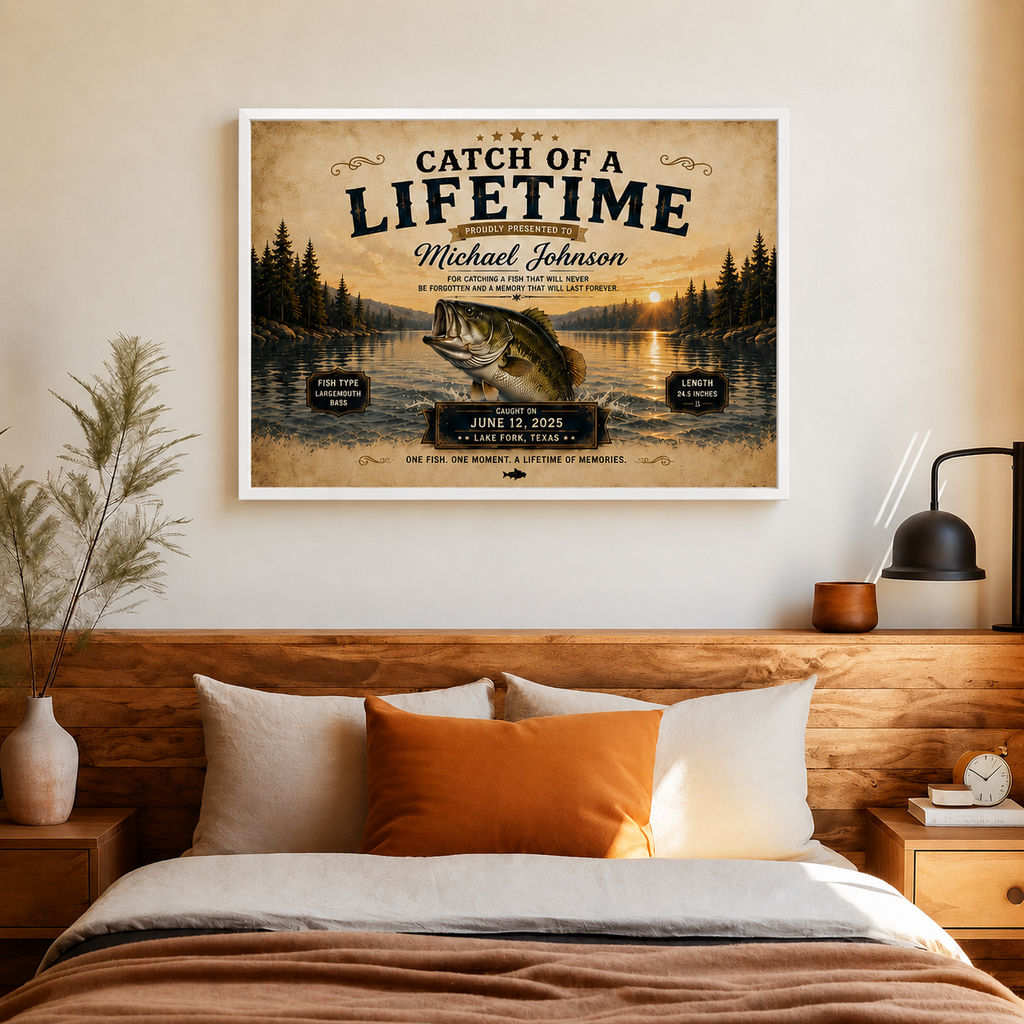 YourCover | Personalized Landscape Fishing Gift Print | Custom Catch of a Lifetime Wall Art with Name, Fish Type, Length, Date & Location | Natural Wood, Black & White Frame