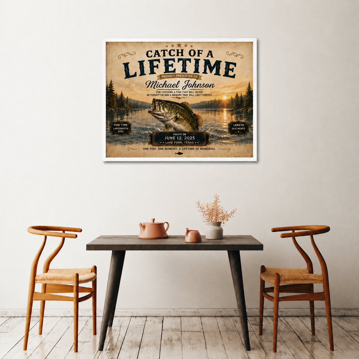 YourCover | Personalized Landscape Fishing Gift Print | Custom Catch of a Lifetime Wall Art with Name, Fish Type, Length, Date & Location | Natural Wood, Black & White Frame
