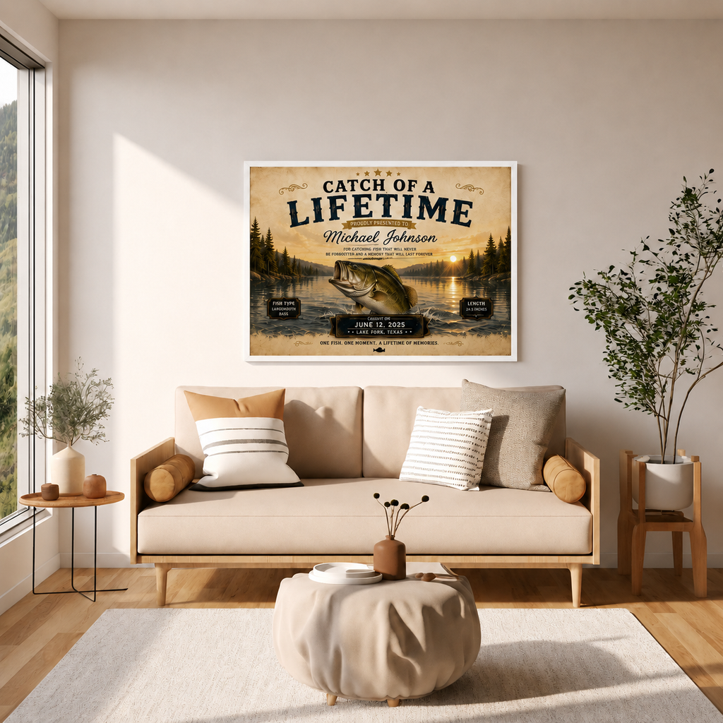 YourCover | Personalized Landscape Fishing Gift Print | Custom Catch of a Lifetime Wall Art with Name, Fish Type, Length, Date & Location | Natural Wood, Black & White Frame