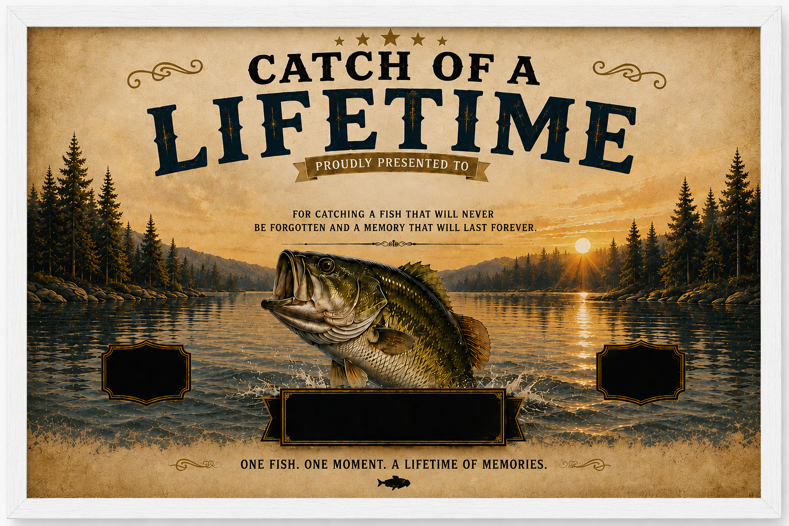 YourCover | Personalized Landscape Fishing Gift Print | Custom Catch of a Lifetime Wall Art with Name, Fish Type, Length, Date & Location | Natural Wood, Black & White Frame