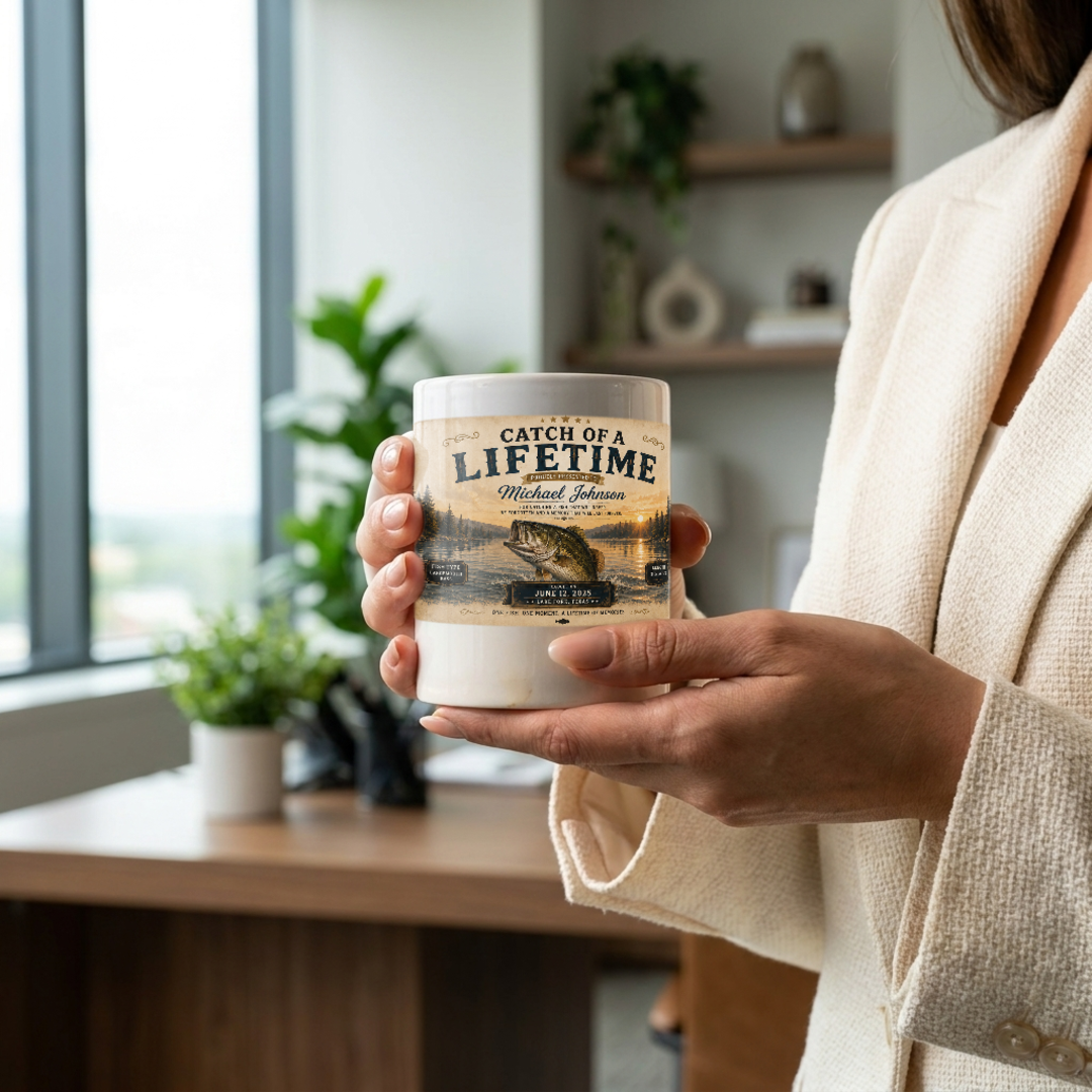 YourCover | Personalized Fishing Mug | Custom Catch of a Lifetime Coffee Mug with Name, Fish Type, Length, Date & Location | 11oz Ceramic Mug