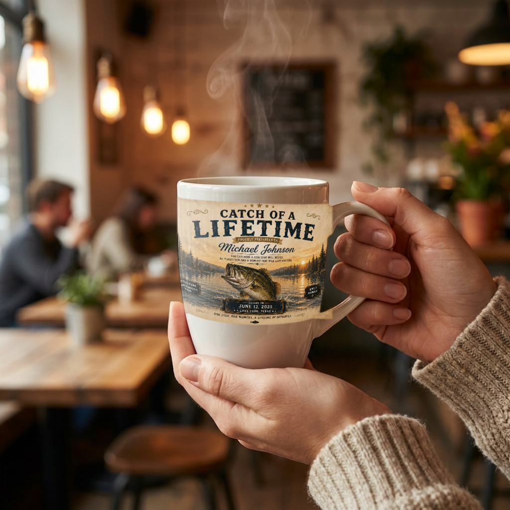 YourCover | Personalized Fishing Mug | Custom Catch of a Lifetime Coffee Mug with Name, Fish Type, Length, Date & Location | 11oz Ceramic Mug