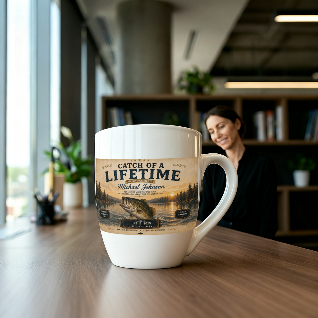 YourCover | Personalized Fishing Mug | Custom Catch of a Lifetime Coffee Mug with Name, Fish Type, Length, Date & Location | 11oz Ceramic Mug